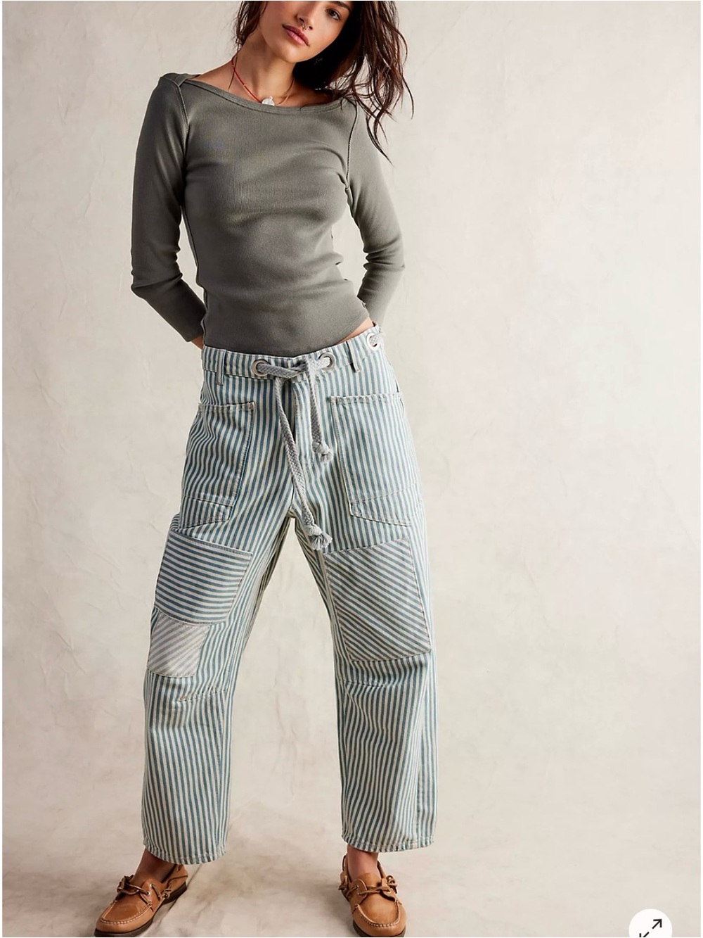 Striped Drawstring Utility Pants in Light Blue & White - Picture 1 of 4